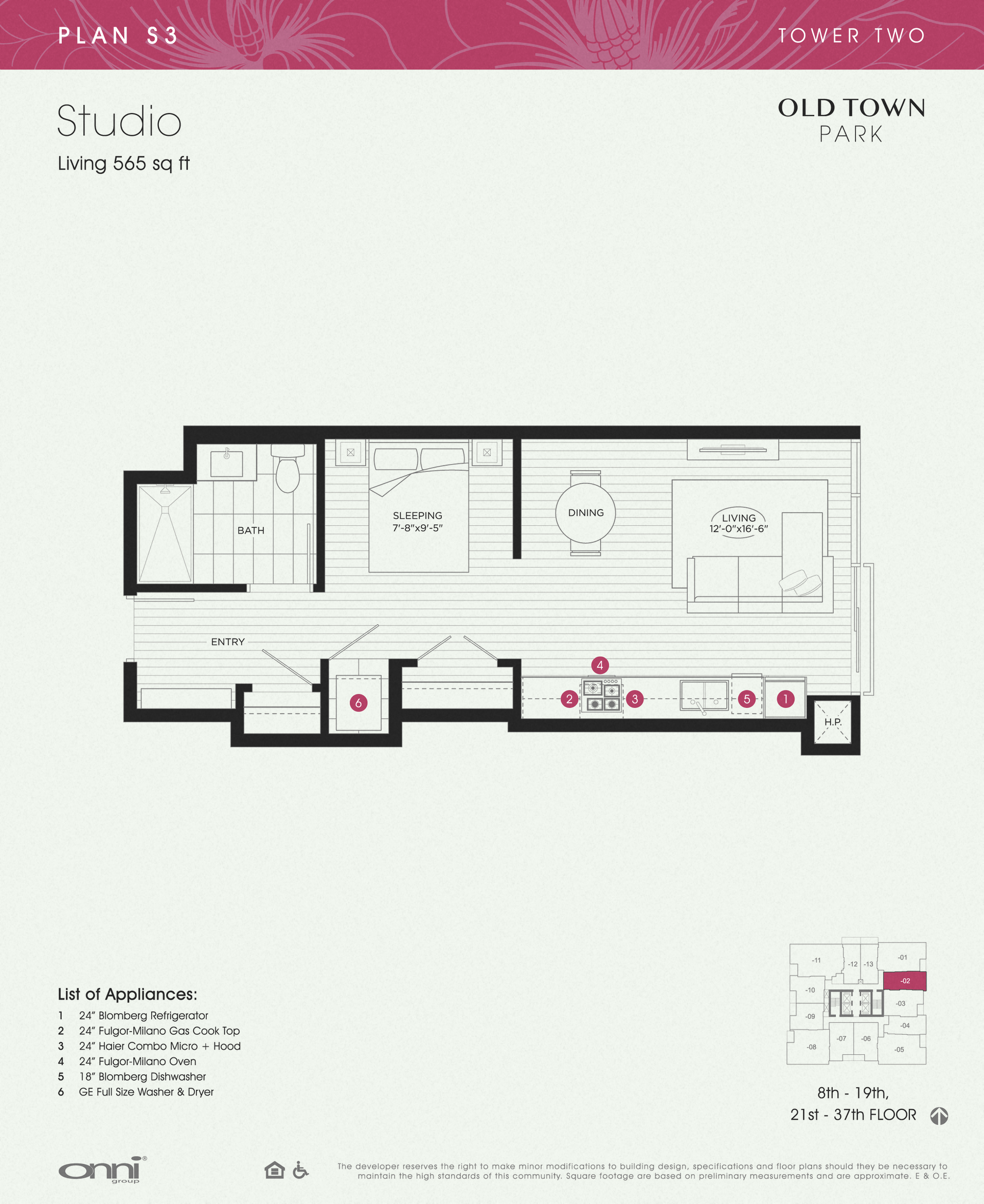 Floor plan for studio, 1 bath, 565 sqft